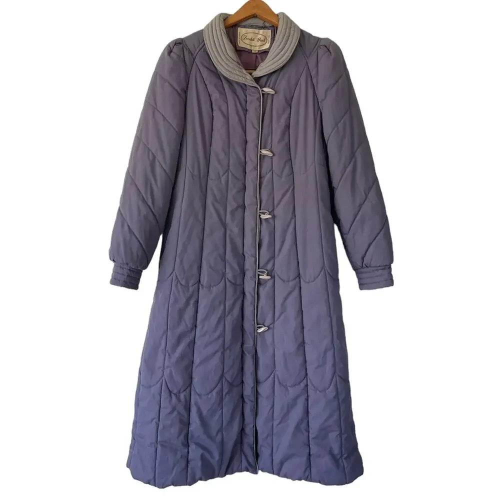 Vintage 80s Purple Puffer Jacket Long Coat Toggle Buttons Stranger Things 7/8